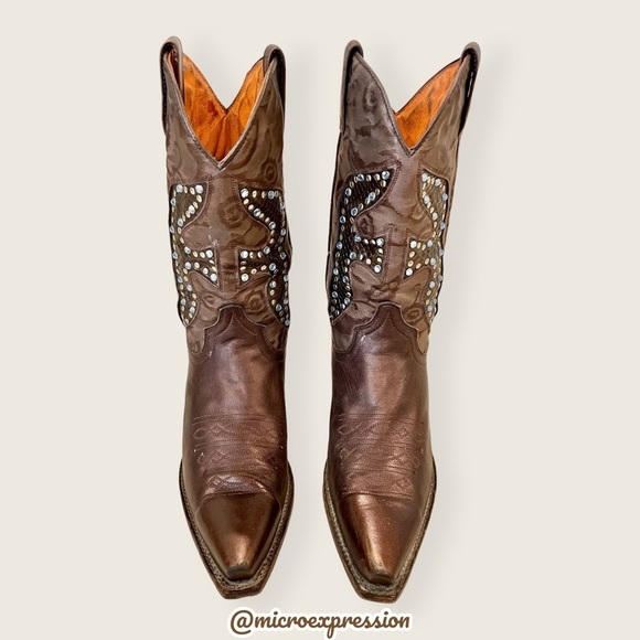 $429 Frye Daisy Duke Floral Metallic Brown Tan Rhinestone Pull On Cowboy Boot - Picture 6 of 15